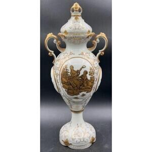 Antique Victorian Porcelain Vase Gold Gilt Lidded Ornate Handles 16" Tall